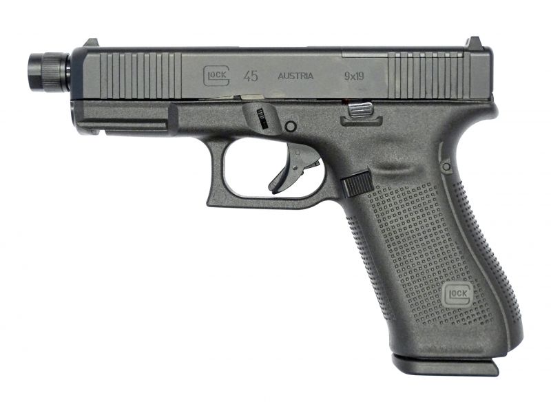 Nahoře vyobrazen Glock 45, dole pak provedení Glock 45 MOS. Všechny modely Glock 45 jsou z výroby opatřeny polymerovými mířidly. Všimněte si, že u provedení MOS je hledí z důvodu integrace modulárního optického systému poněkud posunuto vzad. Varianta MOS tak má o pár milimetrů delší záměrnou.